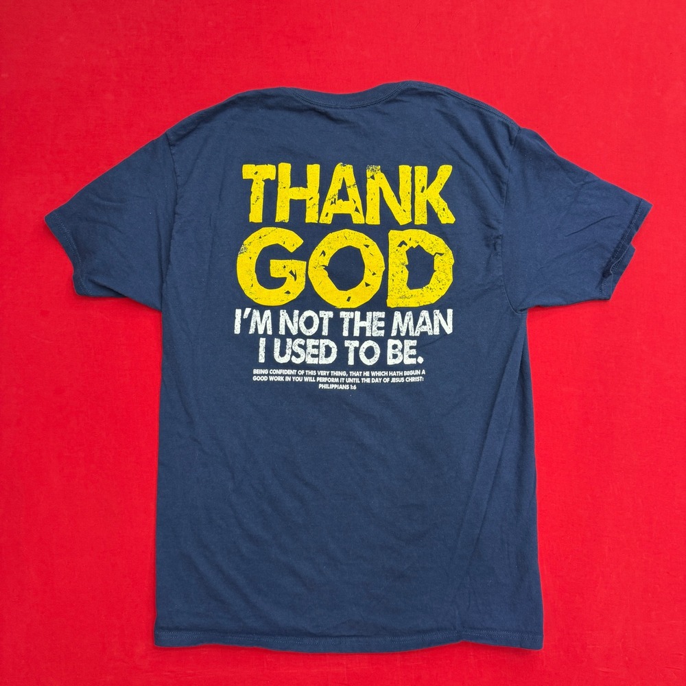 Hanes Mens Large Navy Blue Christian Graphic T-Shirt Philippians 1:6 Thank God